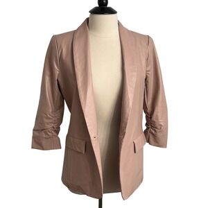 Women 3/4 Ruched Sleeves, Shawl Collar Lapel, Faux Leather Blazer